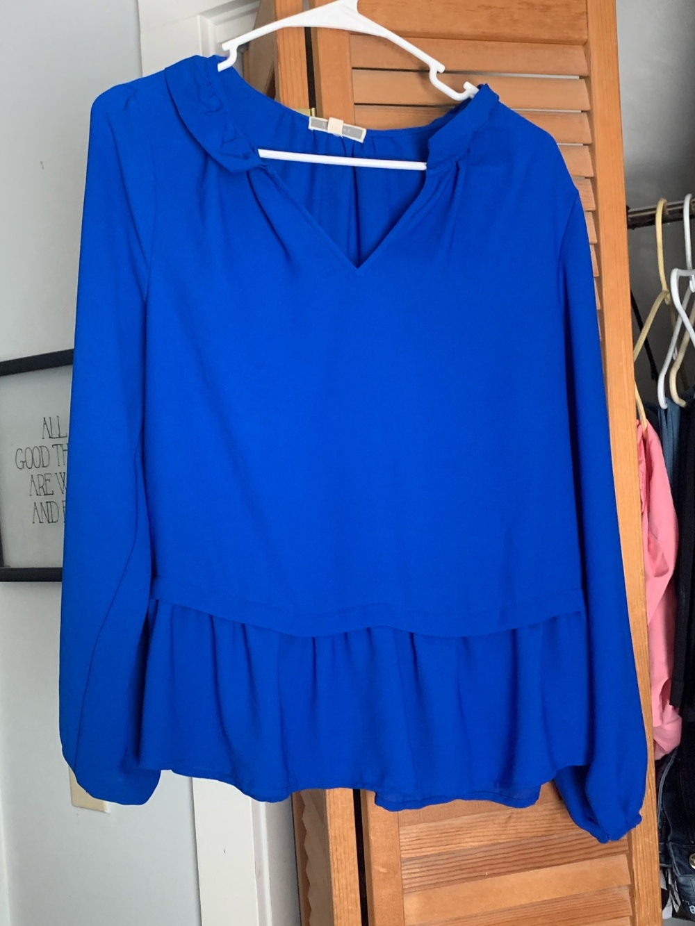 Pleione Royal Blue Long-Sleeve Peplum Blouse